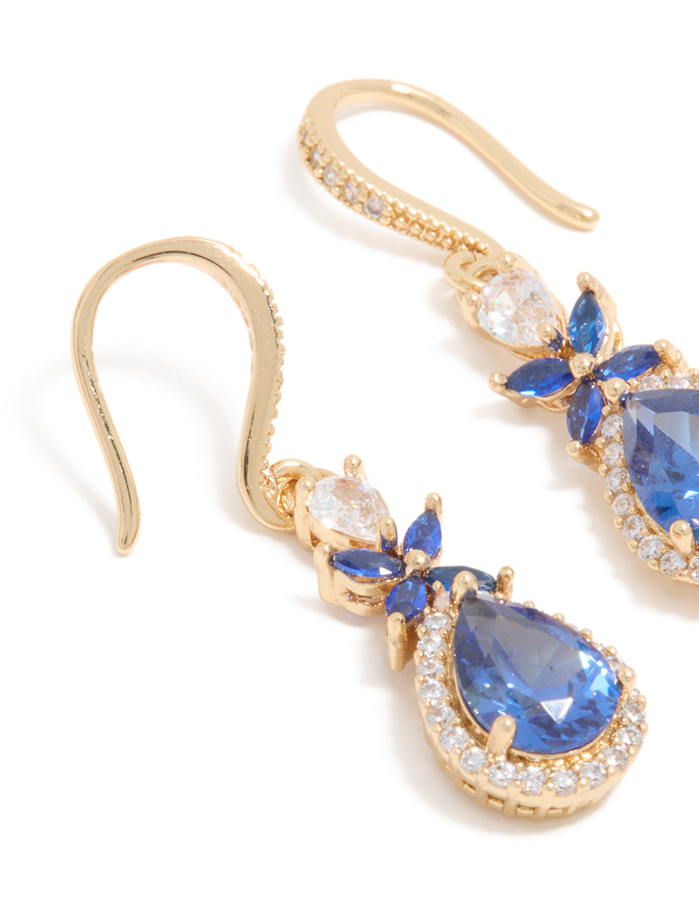 Detailed gold blue cubic zirconia flower drop earrings featuring with crystal and statement style close up view