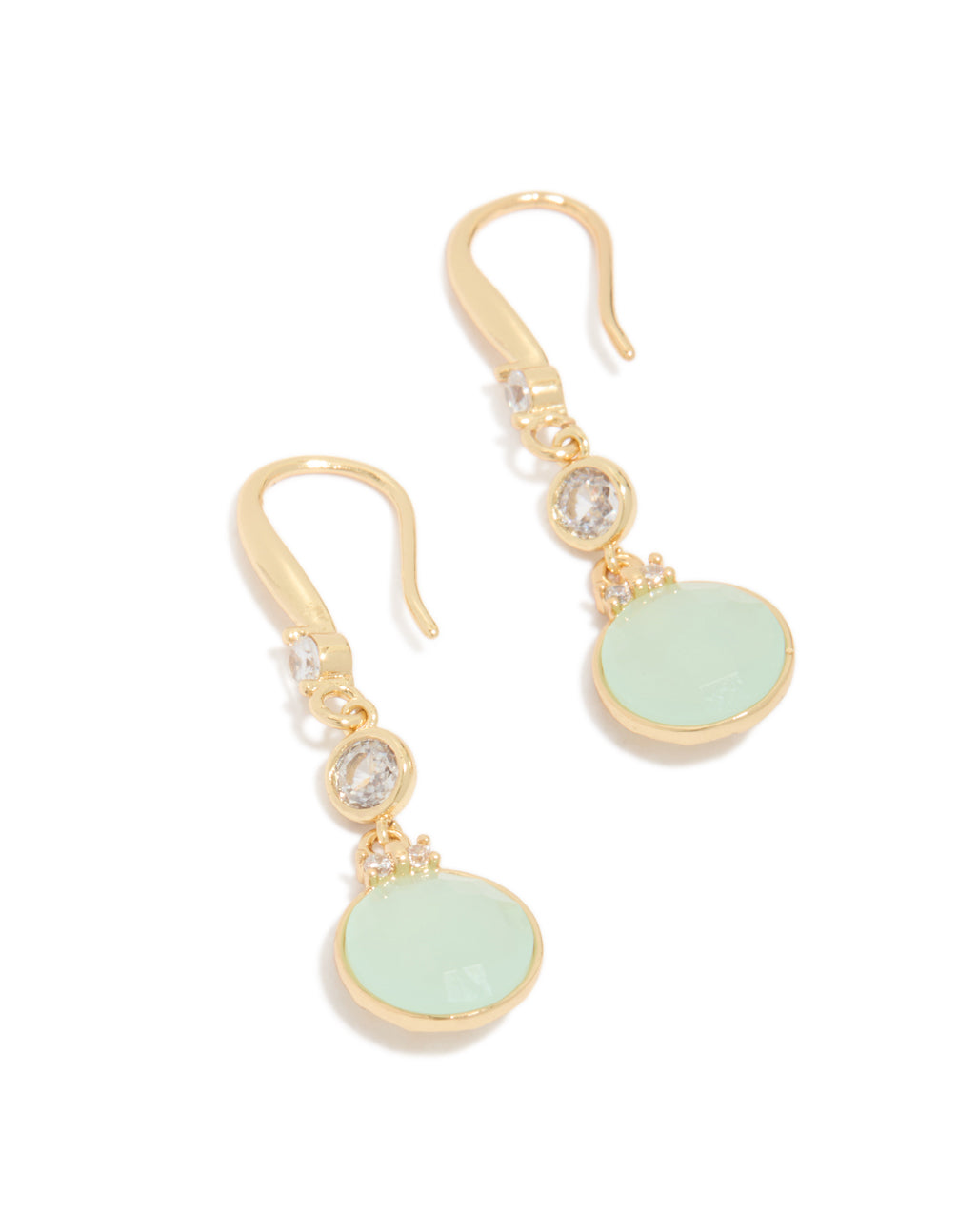 Showcasing dainty gold plated blue cubic zirconia circle drop earrings with pale turquoise accents front view