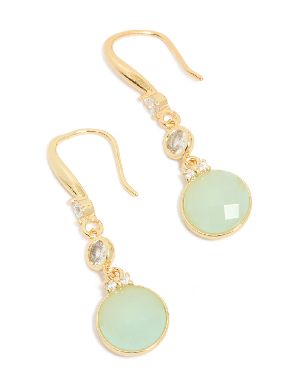Featuring dainty gold plated blue cubic zirconia circle drop earrings with pale turquoise stones close up view