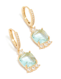 Showcasing gold plated blue square cubic zirconia huggie earrings with aqua and clear accents front view - link has visual effect only