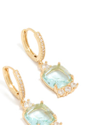 Elegant gold plated blue square cubic zirconia huggie earrings featuring aqua and clear stones post detail view - link has visual effect only