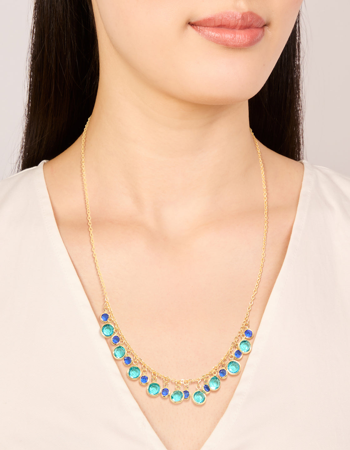 Gold Plated Light & Dark Blue Cubic Zirconia Circle Pendants Necklace