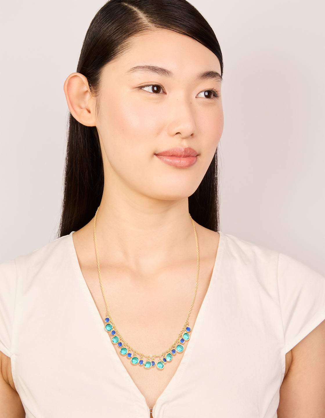 Gold Plated Light & Dark Blue Cubic Zirconia Circle Pendants Necklace