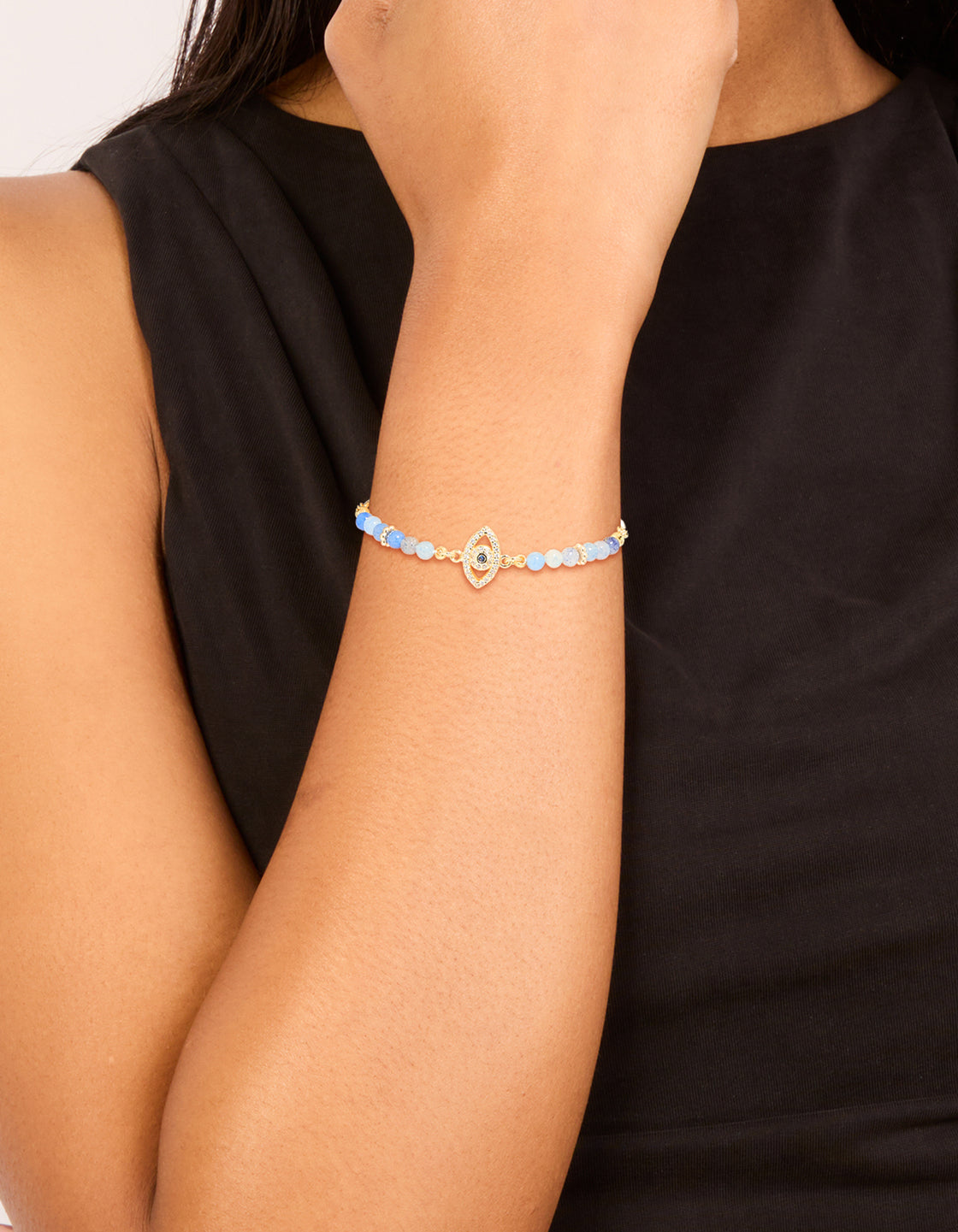 Gold Plated Blue Cubic Zirconia Evil Eye & Blue Beaded Toggle Bracelet