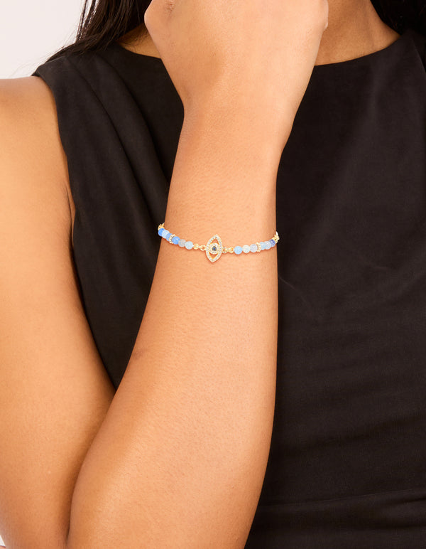 Gold Plated Blue Cubic Zirconia Evil Eye & Blue Beaded Toggle Bracelet