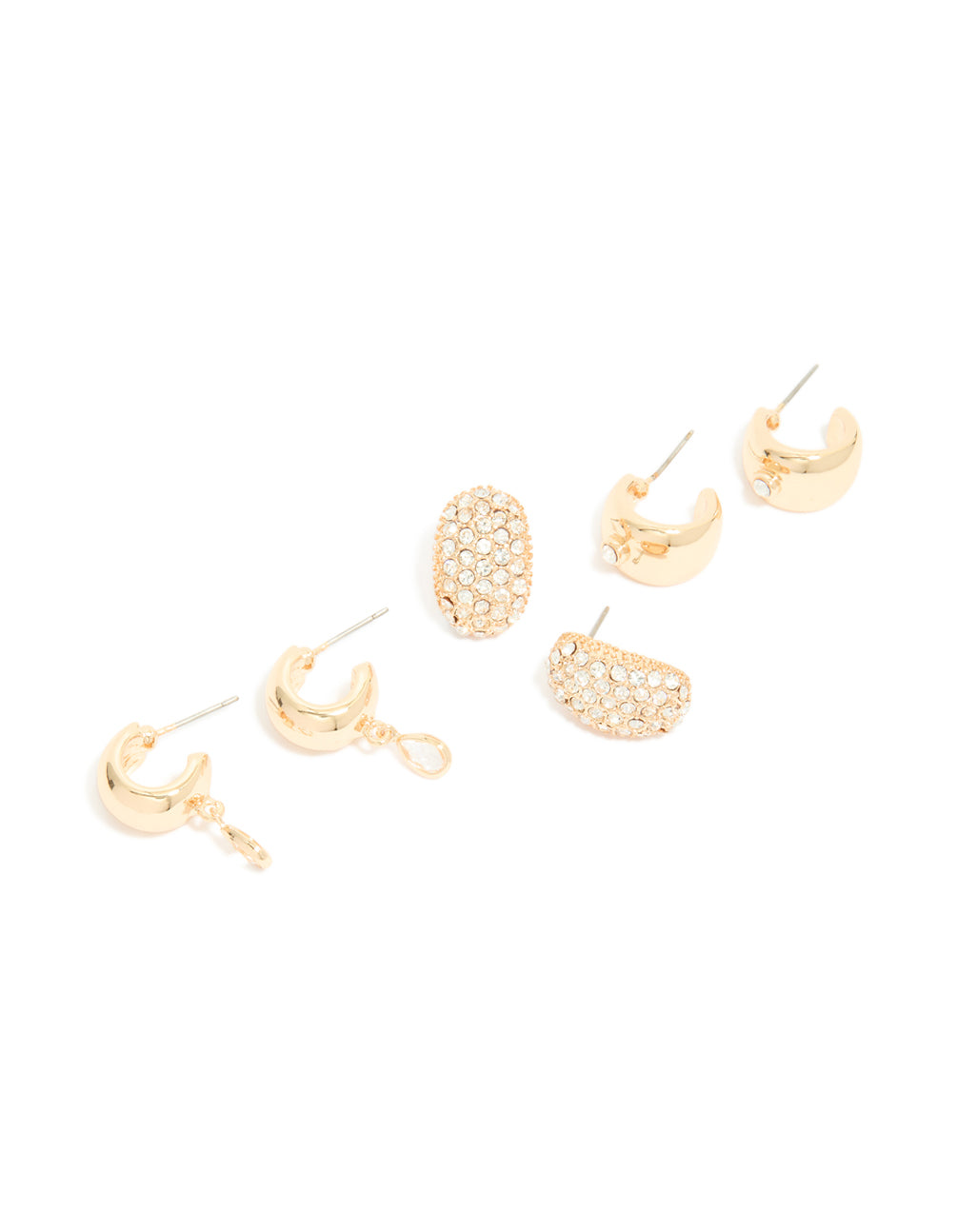 Crafted from gold, these chunky diamante hoop earrings in a 3-pack front view