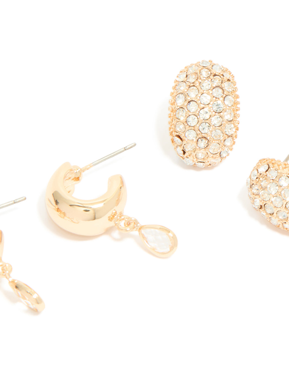 Highlighting these chunky gold diamante hoop earrings in a 3-pack close up view