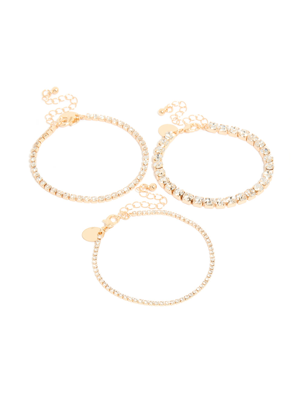 Elegant diamante tennis bracelets in a 3-packin gold front view