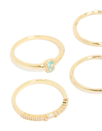 Featuring gold plated aqua cubic zirconia rings 5-pack with stackable crystal charm details close up view - link has visual effect only