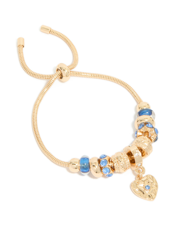 Gold Blue Diamante  & Molten Heart Charm Toggle Bracelet