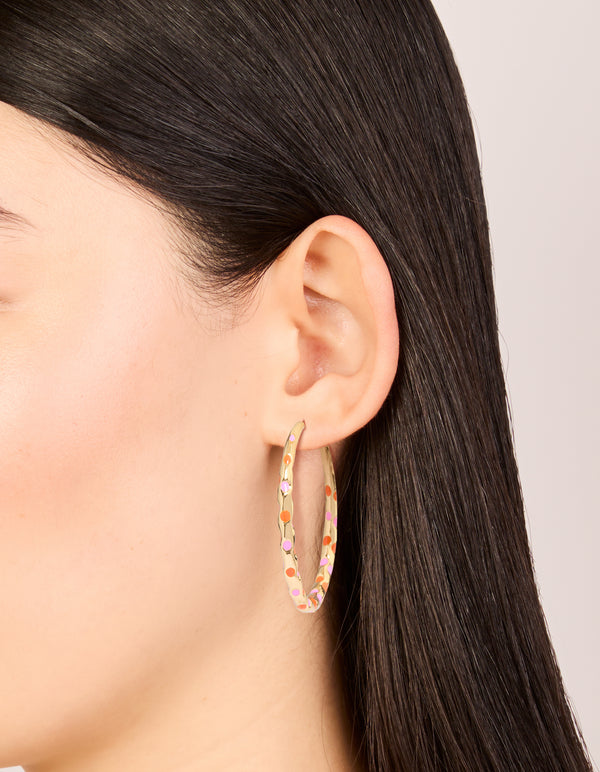 Gold Pink & Orange Enamel Dotted Large Thin Hoop Earrings