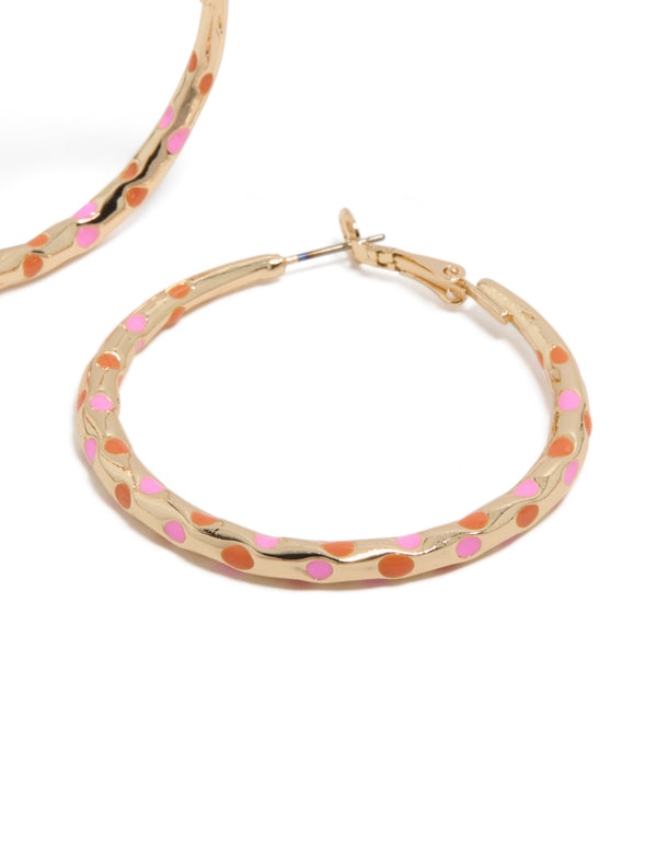 Gold Pink & Orange Enamel Dotted Large Thin Hoop Earrings