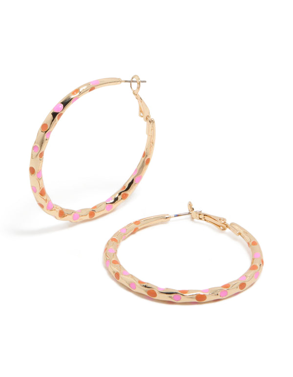 Gold Pink & Orange Enamel Dotted Large Thin Hoop Earrings
