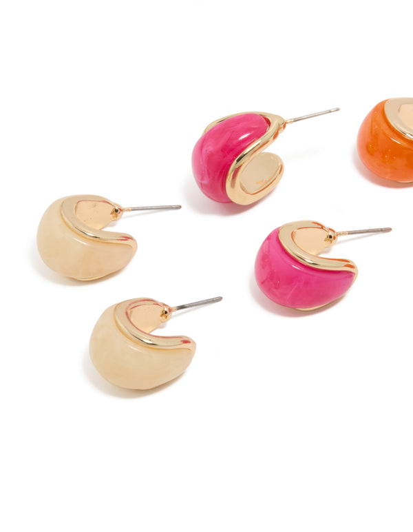Gold Pink & Orange Acrylic Bubble Hoop Earrings 3-Pack