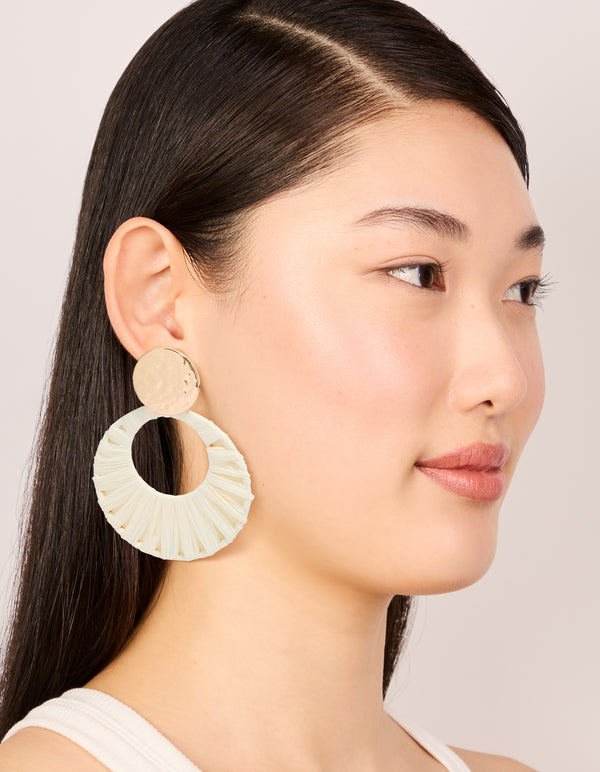 Gold White Raffia Paper Circle Drop Earrings