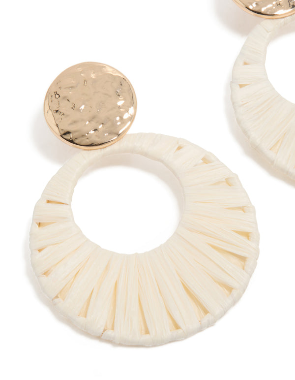 Gold White Raffia Paper Circle Drop Earrings
