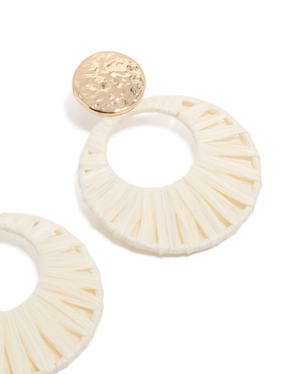 Gold White Raffia Paper Circle Drop Earrings