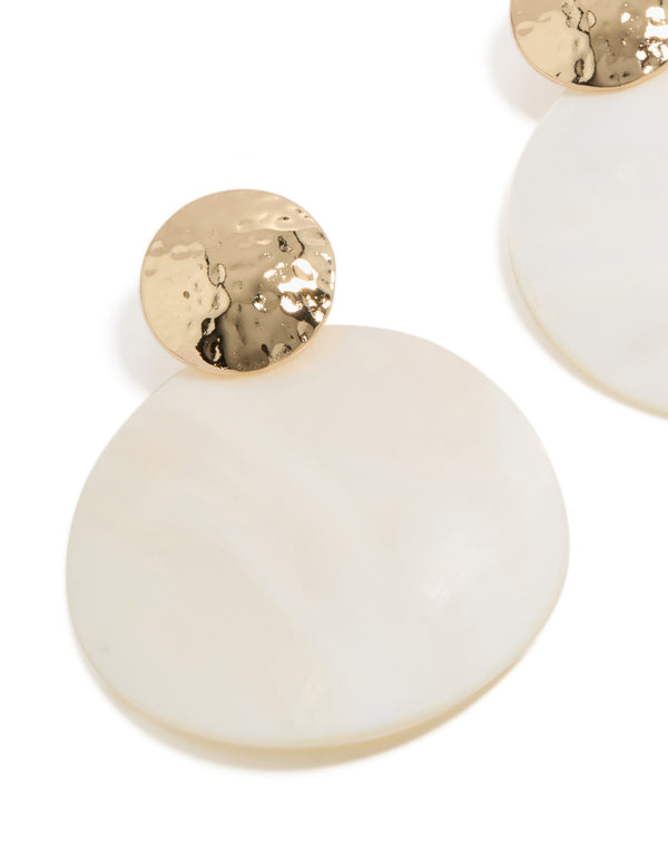 Gold Hammered & White Genuine Shell Drop Earrings