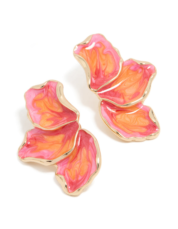 Gold Pink & Orange Enamel Small Half Flower Earrings