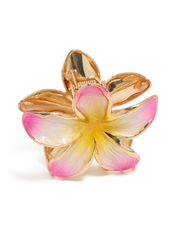 Gold Pink & Yellow Enamel Frangipani Claw Clip