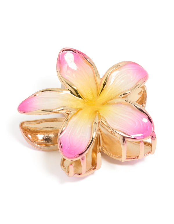 Gold Pink & Yellow Enamel Frangipani Claw Clip