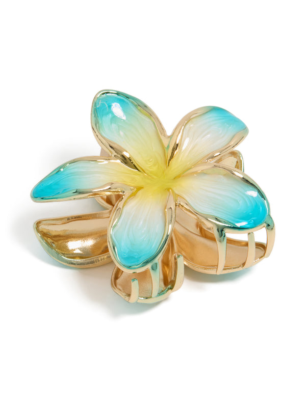 Gold Yellow & Blue Enamel Frangipani Flower Claw Clip