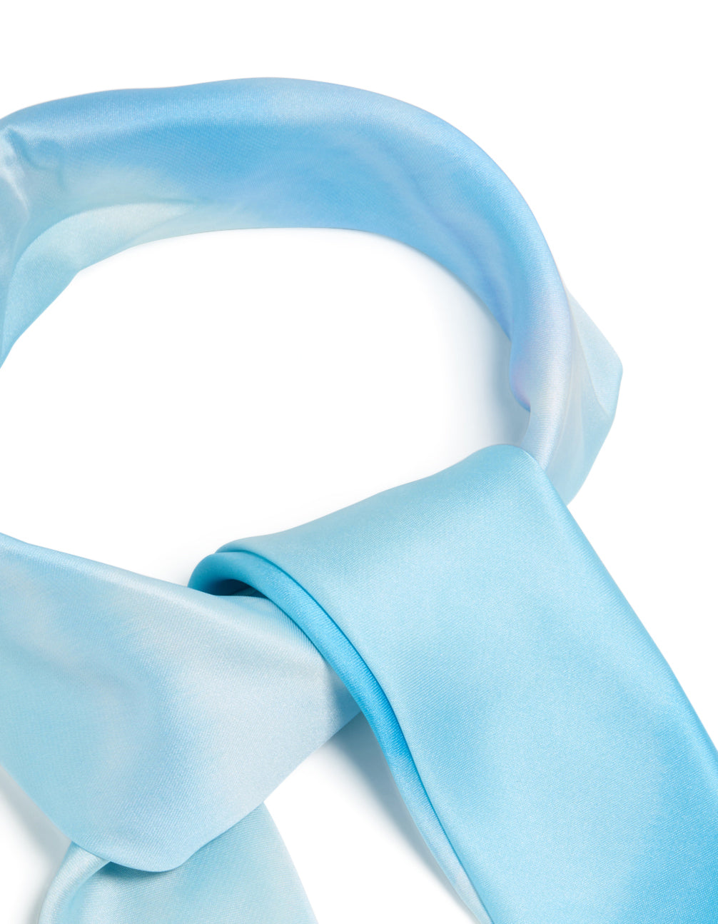 Featuring a fabric scarf with tie-dye striped pattern in sky blue, powder blue, light blue, and royal blue detail view
