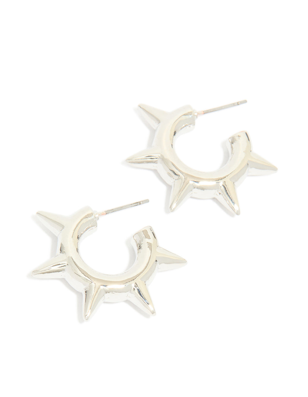 These statement spike hoop earrings feature a silver finish with closure detail front view