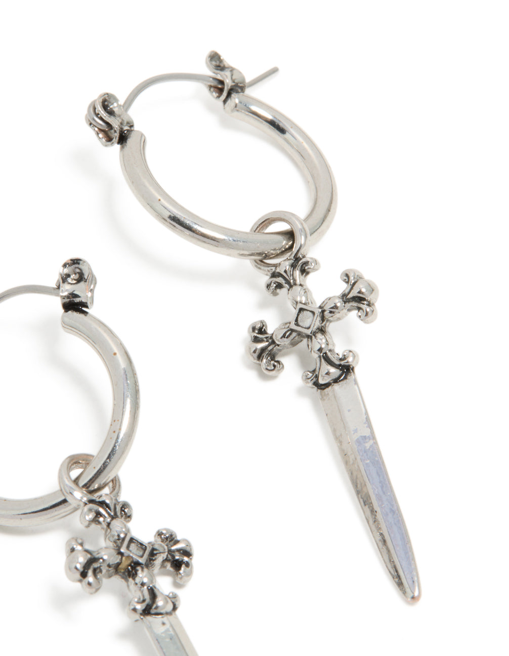Crafted with statement style, these silver dagger hoop earrings feature cross details post detail view