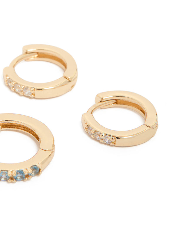 Gold Clear & Light Blue Cubic Zirconia Huggie Earrings 3-Pack