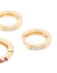 Gold Dark Pink Cubic Zirconia Huggie Earrings 3-Pack - link has visual effect only