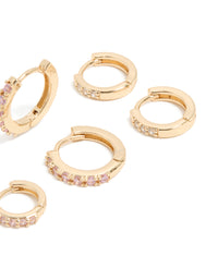 Gold Light Pink Cubic Zirconia Simple Huggie Earrings 3-Pack - link has visual effect only