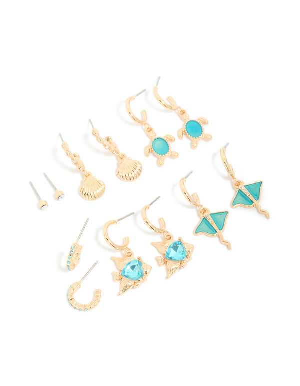 Showcasing a gold aqua diamante stingray and sea life earrings 6-pack featuring heart and ocean shell with turquoise accents front view