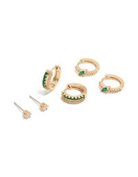 Gold Dark Green Cubic Zirconia Hoop & Stud Earrings 3-Pack - link has visual effect only