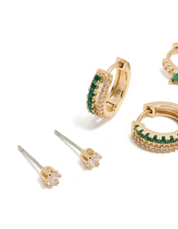 Gold Dark Green Cubic Zirconia Hoop & Stud Earrings 3-Pack - link has visual effect only