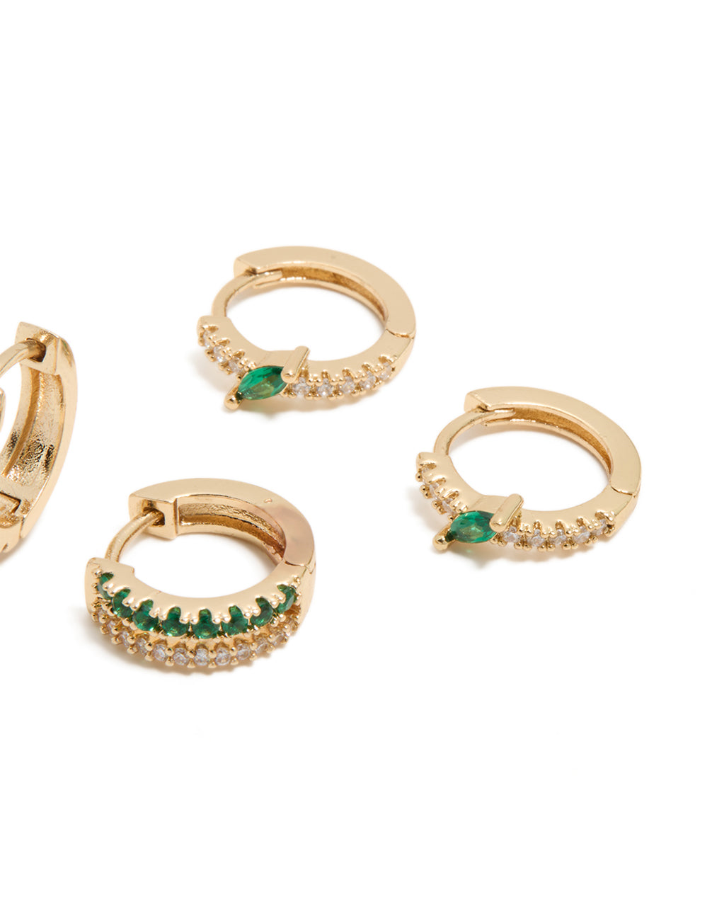 Featuring gold dark green cubic zirconia earrings with crystal accents in hoop and stud closure design 3-pack post detail view