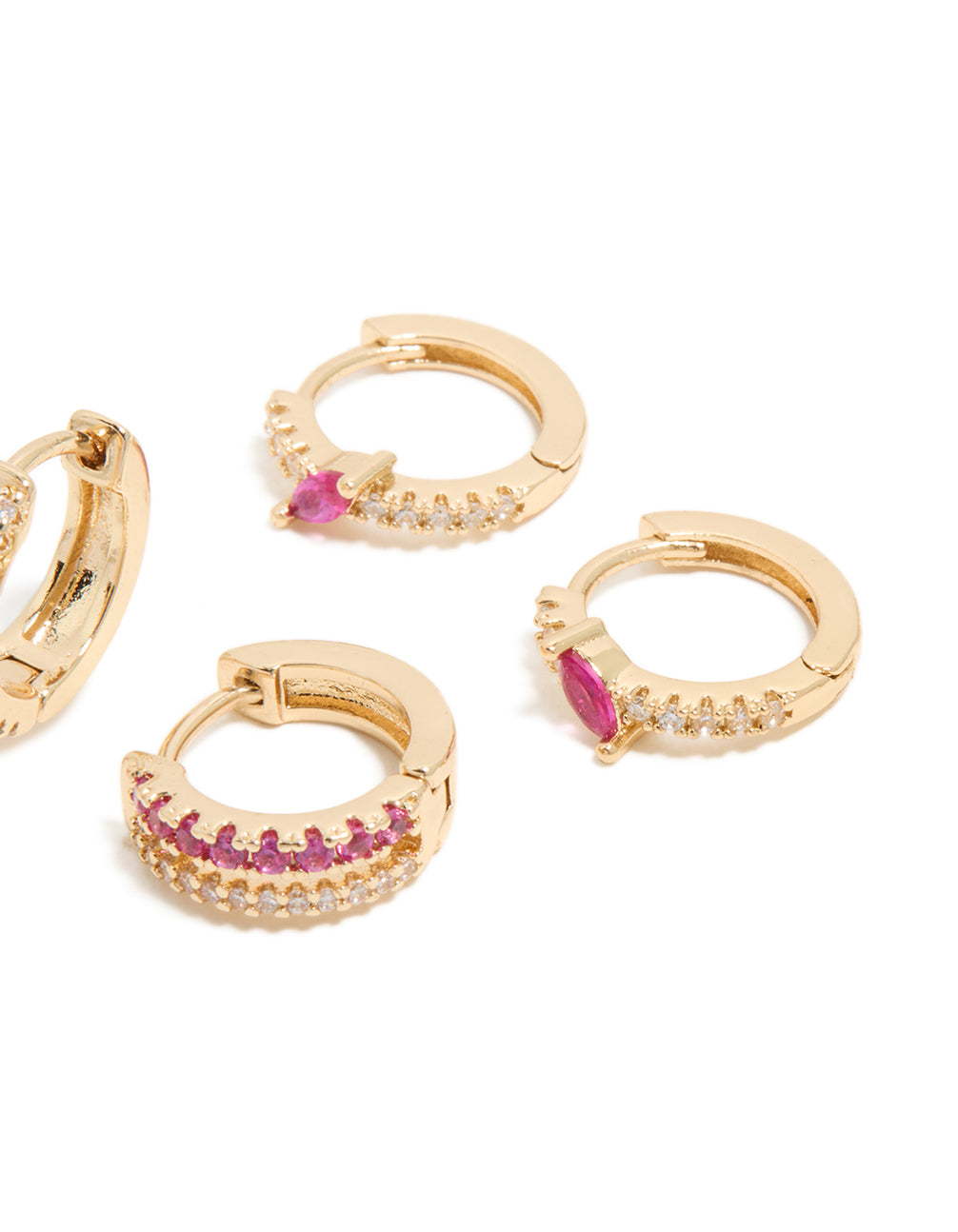 Displaying gold hot pink cubic zirconia earrings with huggie closure from the 3-pack post detail view