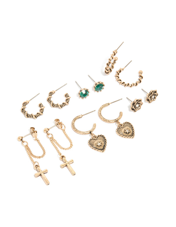 Antique Gold Chain Cross & Heart Earrings 6-Pack