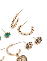 Antique Gold Chain Cross & Heart Earrings 6-Pack - link has visual effect only