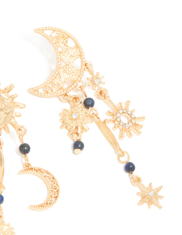 Gold Sun & Moon Semi Precious Stones Drop Earrings