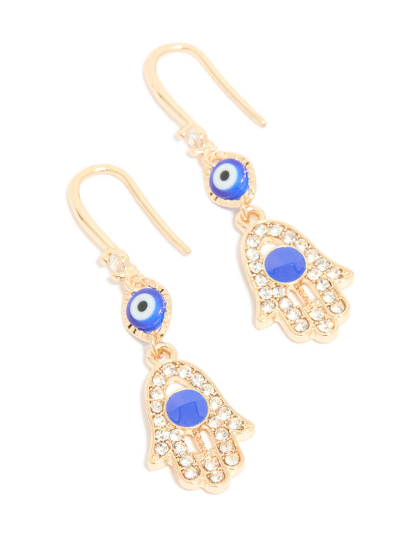 Gold Cubic Zirconia Evil Eye & Hamsa Hand Drop Earrings