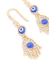 Gold Cubic Zirconia Evil Eye & Hamsa Hand Drop Earrings - link has visual effect only