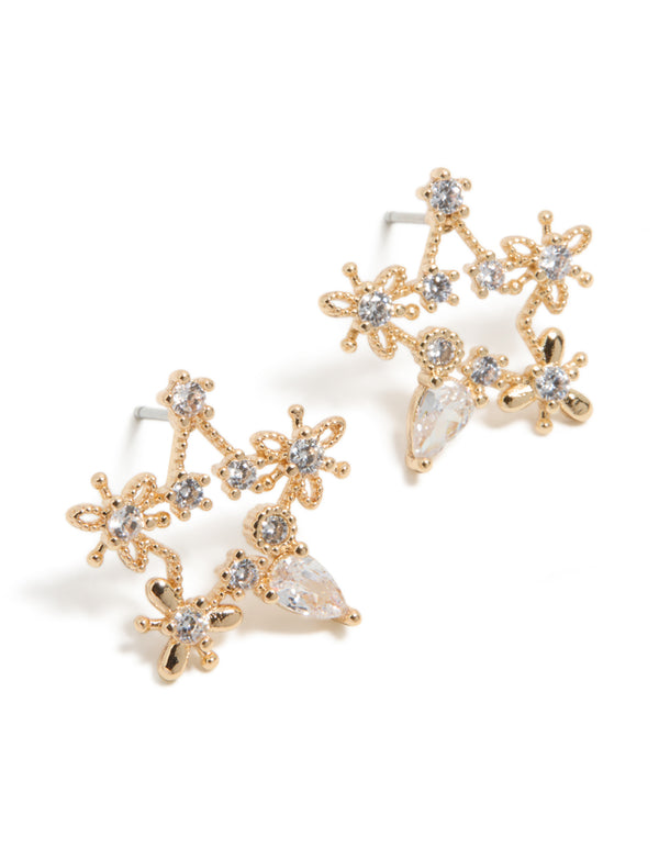 Gold Cubic Zirconia Celestial Star Stud Earrings
