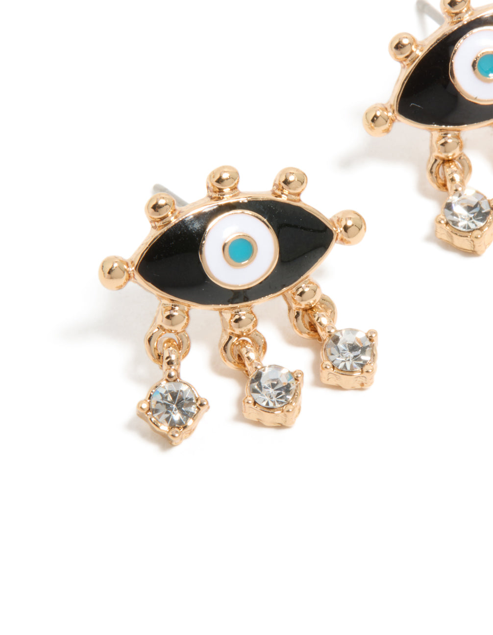 Featuring gold evil eye stud earrings with charm detailing and dark turquoise center close up view
