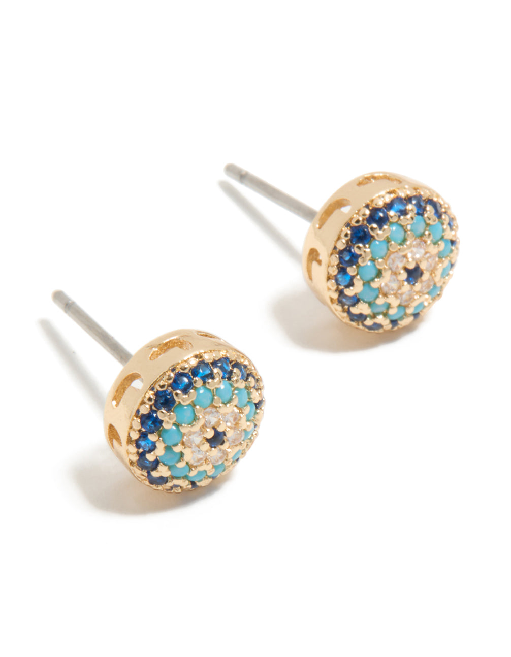 Showcasing dainty evil eye stud earrings featuring cubic zirconia in gold with royal blue turquoise accents front view