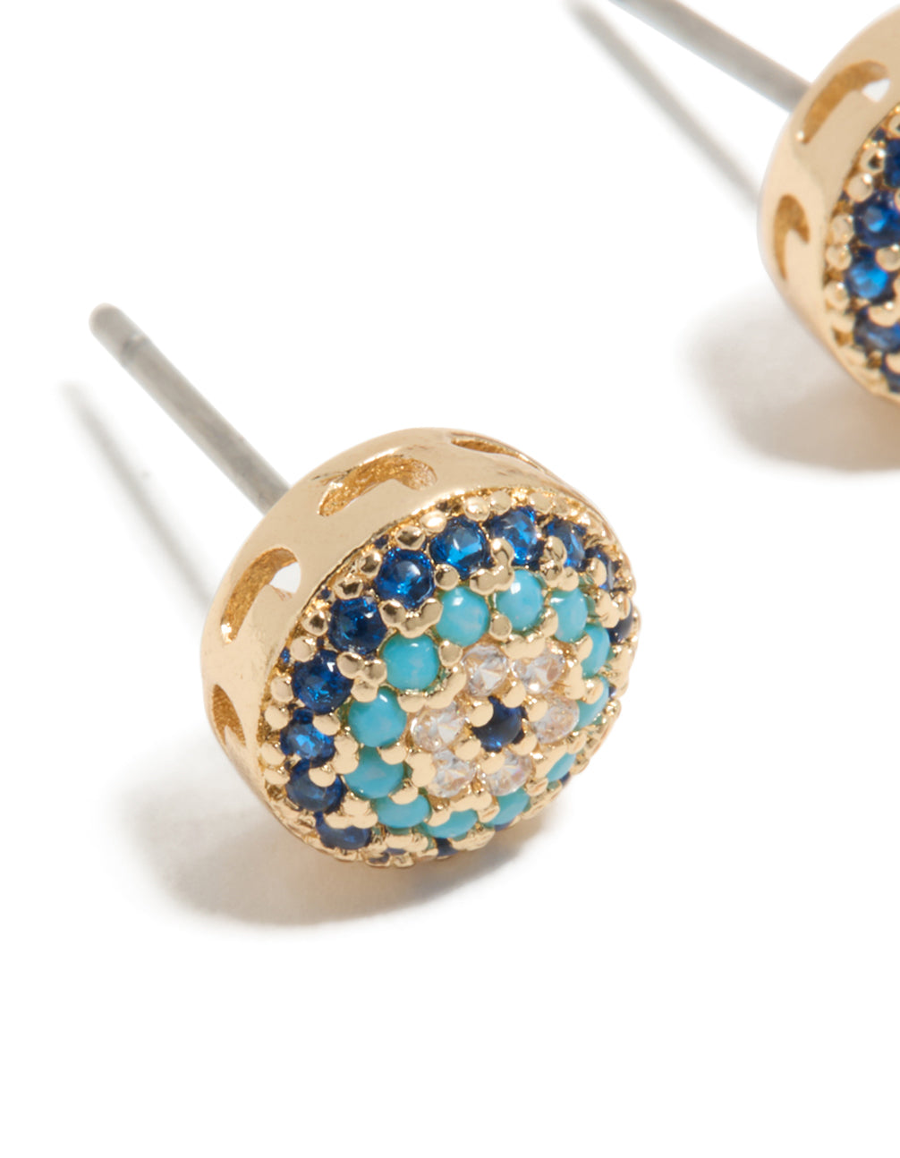 Highlighting dainty evil eye stud earrings crafted with cubic zirconia in gold featuring royal blue turquoise details close up view