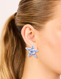 Gold White & Dark Blue Painted  Floral Starfish Stud Earrings - link has visual effect only