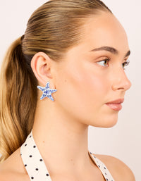 Gold White & Dark Blue Painted  Floral Starfish Stud Earrings - link has visual effect only
