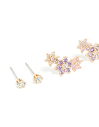 Gold Cubic Zirconia Flower Stud & Hoop Earrings 3-Pack - link has visual effect only