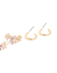 Gold Cubic Zirconia Flower Stud & Hoop Earrings 3-Pack - link has visual effect only